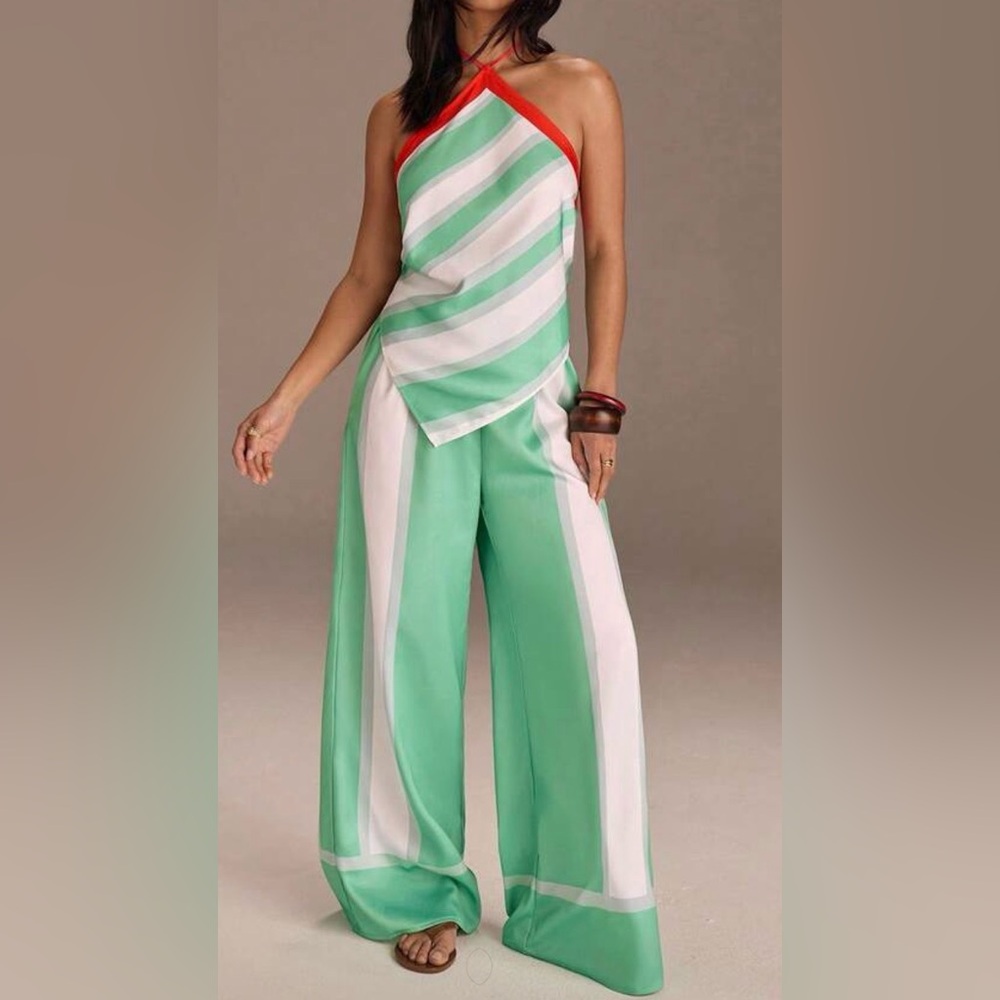 Mint & White Vertical Stripe Wide-Leg Pants